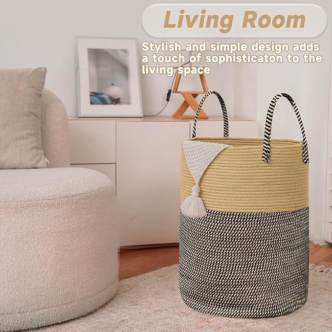 Large Woven Laundry Basket Hamper,100L Cotton Rope Storage Bin for Blankets,Toys and Clothes,Decorative Tall Nursery Hamper for Living Room,Baby Nursery,Bathroom and Bedroom,Brown and Black