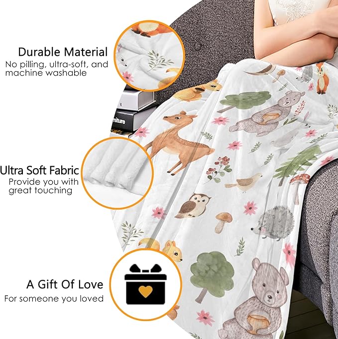 Thuswarm Cute Animals in The Woodland Flannel Blanket for Autumn Winter Gifts Warm Cozy Soft Funny Print Throw for Bed Couch Sofa 80”×60” Large for Adult