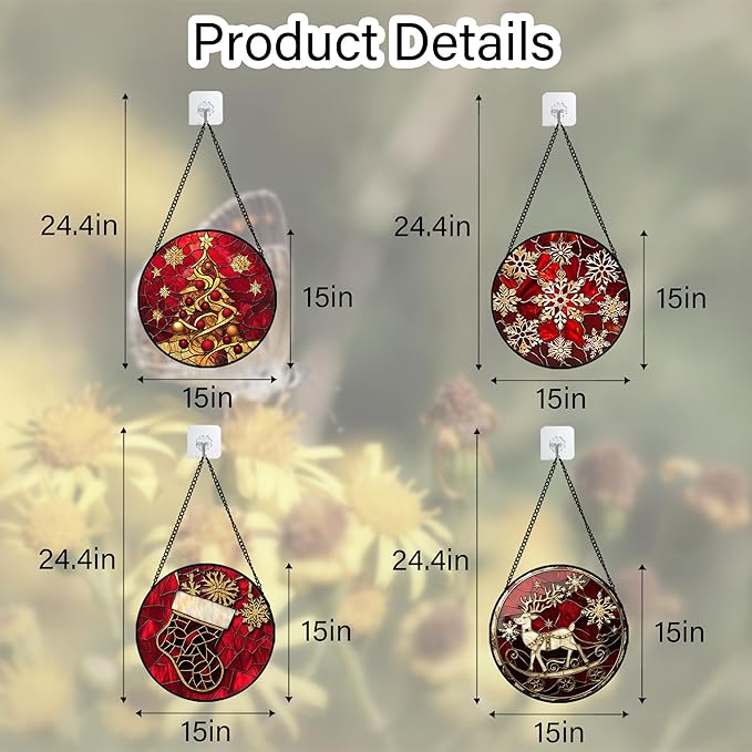 Stained Glass Window Hanging 4 Pcs Set Red Christmas Elk Snowflakes Large 15" - Deer Suncatcher Door Garden Sun Catcher Decor Birthday for Mom Woman Nana Men Friend