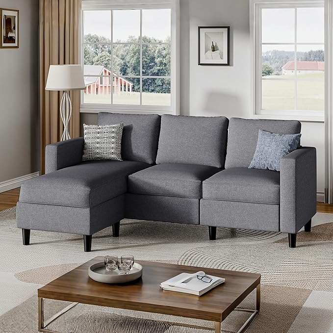 Small Sectional Sofa Couch, 3 Seat L Shaped Couches with Ottoman, Upholstered Fabric Convertible Sofa, Small Couch for Apartments, Living Room and Office (Dark Grey)