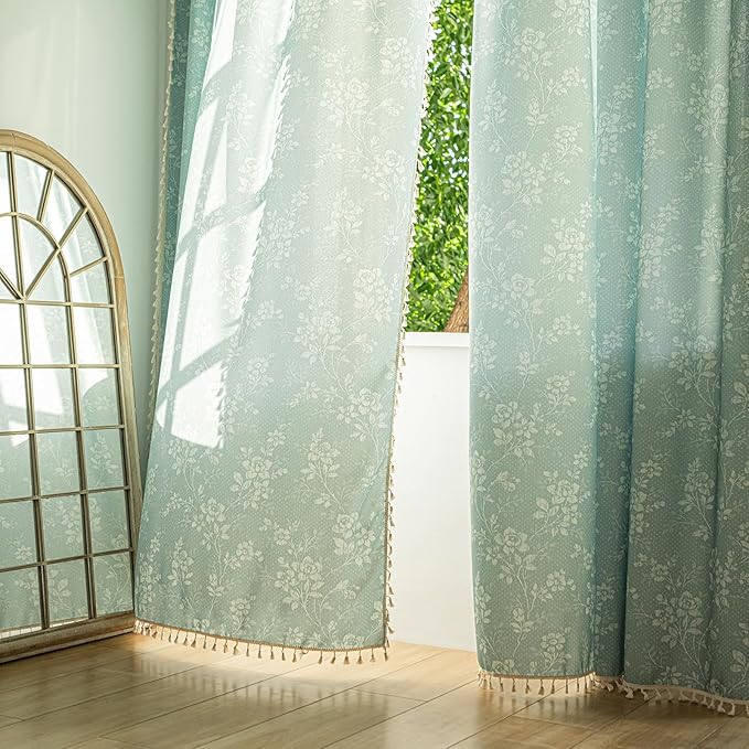 ENJOYBRIDAL Floral Curtains 96 Inch Long Sage Green Farmhouse Drapes Living Room Bedroom Semi Sheer Rod Pocket Window Curtain Panels Rustic Boho Retro 2 Panel Sets Window Treatments