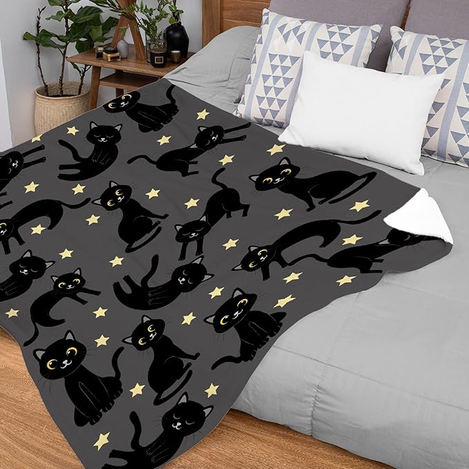 Thuswarm Cats and Stars in The Dark Flannel Throw Blanket Warm Cozy Soft Funny Print Blankets for Bed Couch Sofa Room Decoration Gifts 50”×40” Small for Kid