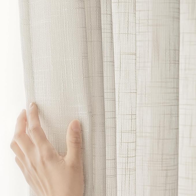 FMFUNCTEX Linen Semi Sheer Curtains for Bedroom, Natural Curtains 54 Inch Length for Living Room, Country Farmhouse Sheer Short Drapes, Light Filtering Window Curtain, Grommet Top 2 Panels