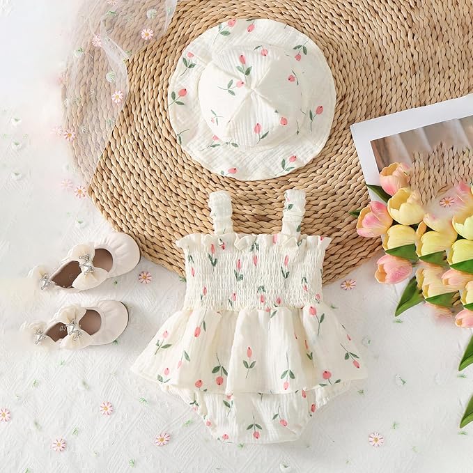 Mubineo Baby Girl Clothes Summer Dress Cotton Linen Romper Sleeveless Smocked Rompers Sun Dress Hat Skirt Boho Outfits