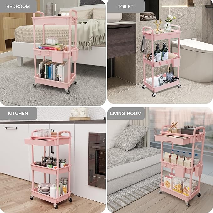 REBECAT 3 Tier Rolling Utility Cart with Drawer,Storage Cart,Rolling Cart for Kitchen,Bathroom,Living Room,Storage Organizer with Iron Wheels（Pink