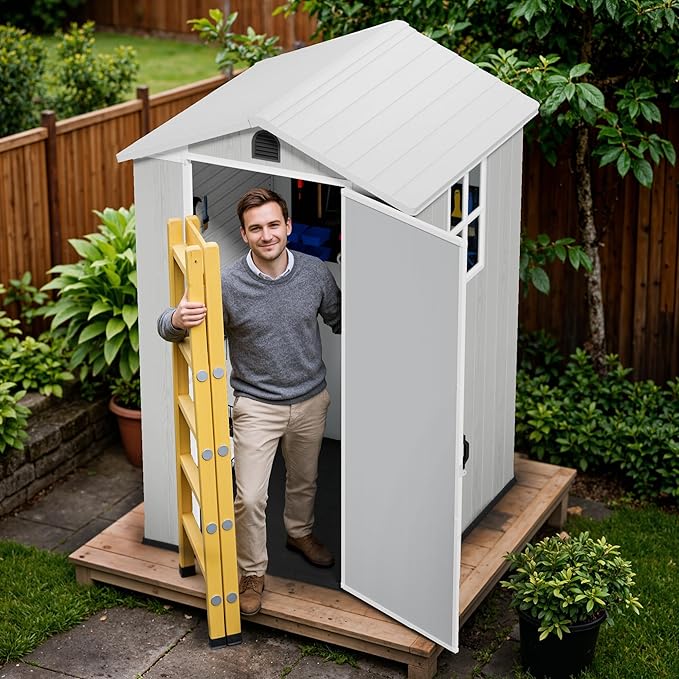 Devoko 4x4 FT Outdoor Shed, Compact & Secure Plastic Resin Storage with Lockable Door, Features Built-in Floor & Window for All-Weather Garden, Patio, and Poolside Organization, Light Gray