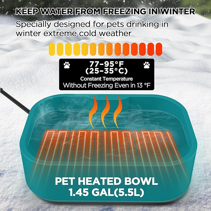 5.5L/1.45Gal Extra Large Heated Water Bowl, Indoor & Outdoor Winter Antifreezing Pet Heated Thermal Water Bowl Dish, Anti Chewy Cord, BPA-Free, Pet Products for Dog Cats Rabbit Chicken Duck Squirrel