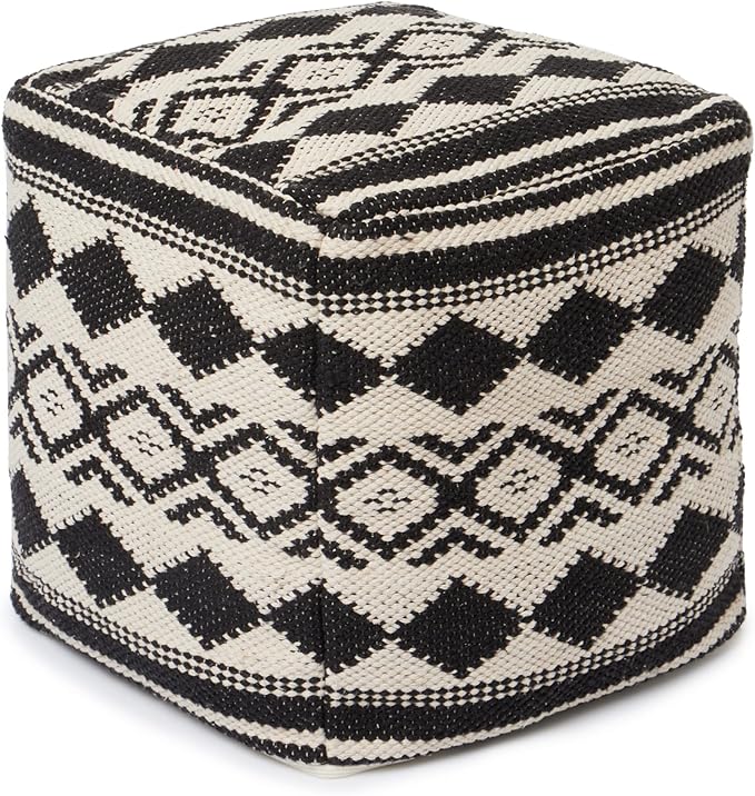 REDEARTH · Tufted Pouf Ottoman with Filler Textured Storage Cube Bean Bag Pouffe Footrest for Living Room, Bedroom, Nursery, Kidsroom; 100% Cotton (17.5"X17.5"X17.5", Linear Diamond Black)
