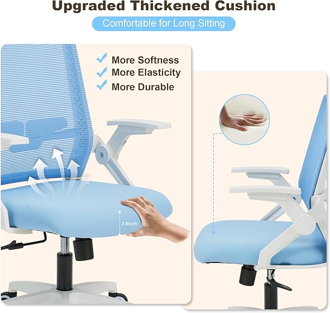 Ergonomic Office Chair Desk Chair with Adjustable Height Mesh Computer Chair Swivel Chair with Flip-up Arms and Lumbar Support Blue
