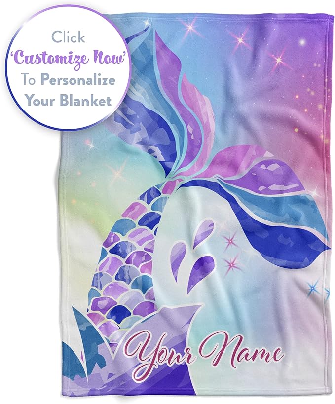 Personalized Mermaid Fleece Blanket - Ships Next Day, Made in USA - Custom, Soft, & Plush, Couch Bed Throw for Kids, Girls Bedroom Décor, Pink & Purple (Fleece – 60x80)