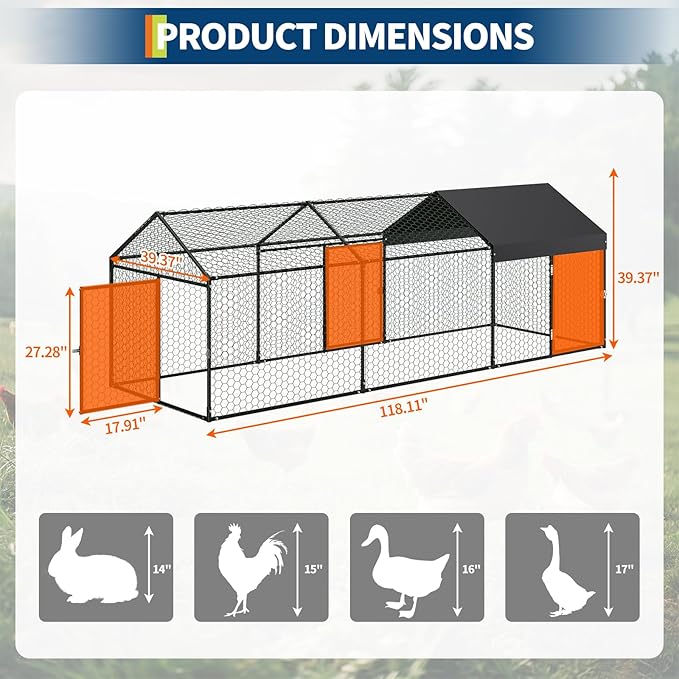 Large Metal Chicken Coop, 120"×40"×40" Walk-in Poultry Cage, with Protective Cover to Block Wind and Rain, Chicken Duck and Rabbit Enclosure for Yard,Farm, Scratch-Ristant & Easy Assembly