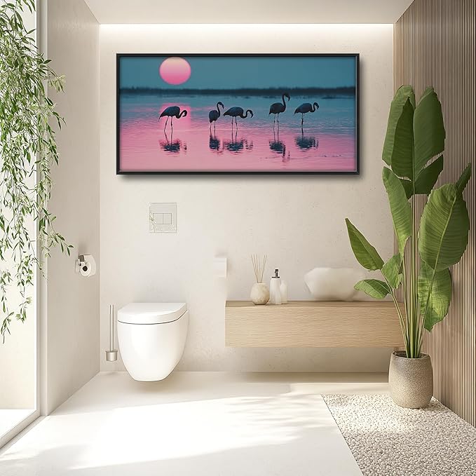 Olivine Flamingo Wall Art, Sunset Pictures Wall Decor, Beach Painting, Tropical Animal Canvas Prints, Framed Artwork for Bathroom Bedroom Living Room Office Home Decoration 60"x30"