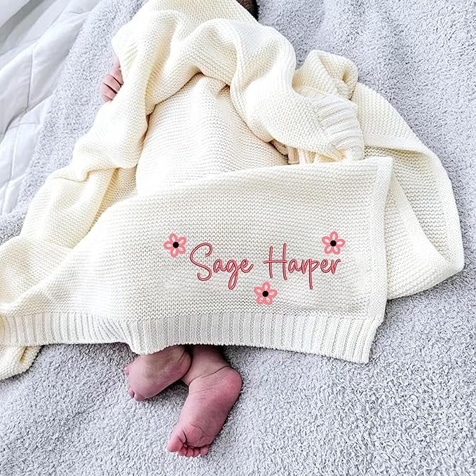 Luxury Personalized Baby Blanket, Soft Breathable Cotton Knit, Custom Embroidered Name Blanket, Newborn Baby Gift, Baby Shower Present, Gifts for New Mom, Baby Girl & Boy Style 1
