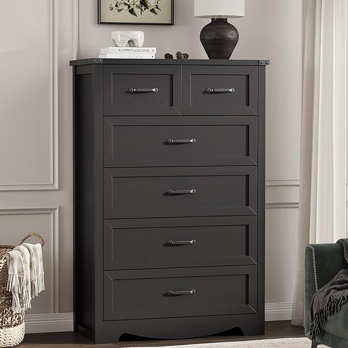 Dresser for Bedroom with 6 Drawers, 46" Tall Wood Chest of Drawers with Deep Drawers & Mental Handle, Modern Dresser TV Stand, Wooden Closet Storage Organizer for Living Room, Hallway, Entryway, Black
