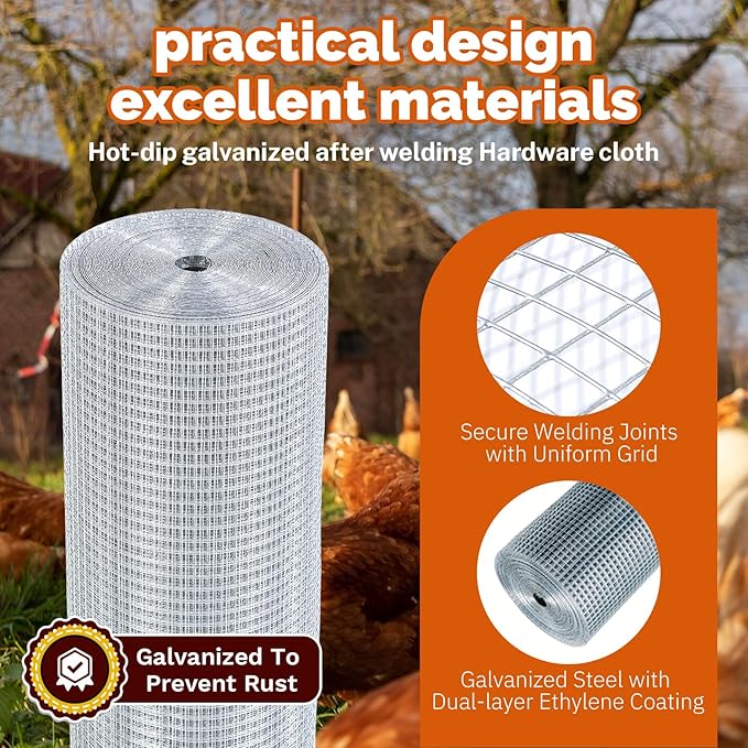 1/2'' 24'' X 50' Hardware Cloth, 19 Gauge Chicken Wire Fencing Double Layer Hot Dip Galvanizing, Wire Mesh Fence for Fence, Chicken Coop, Rabbit/Snake Fence, Poultry Fence