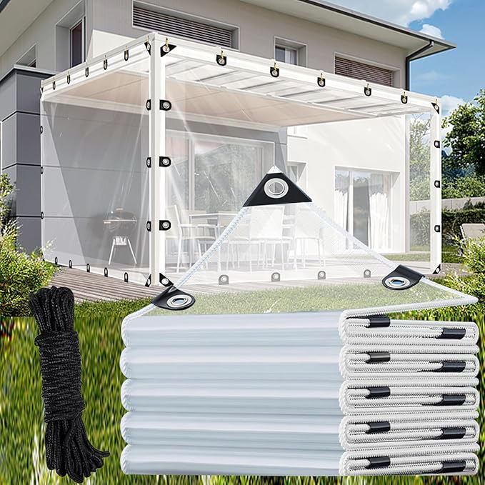 8 Mil Clear PVC Tarpaulins 11x13.4 ft, Waterproof Wind-Proof Transparent Vinyl Tarp for Patio Pergola Garden Canopy Rainproof Anti-Tear PVC Cover with Grommets