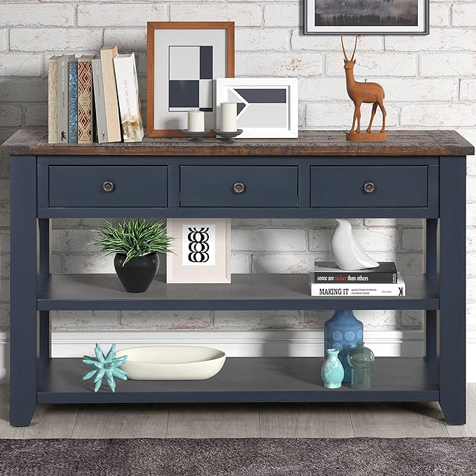 Farmhouse Wood Entry Console Table 48-Inch Modern Sofa Entryway Table with Drawers and Storage Shelves for Entrance Living Room (Blue)