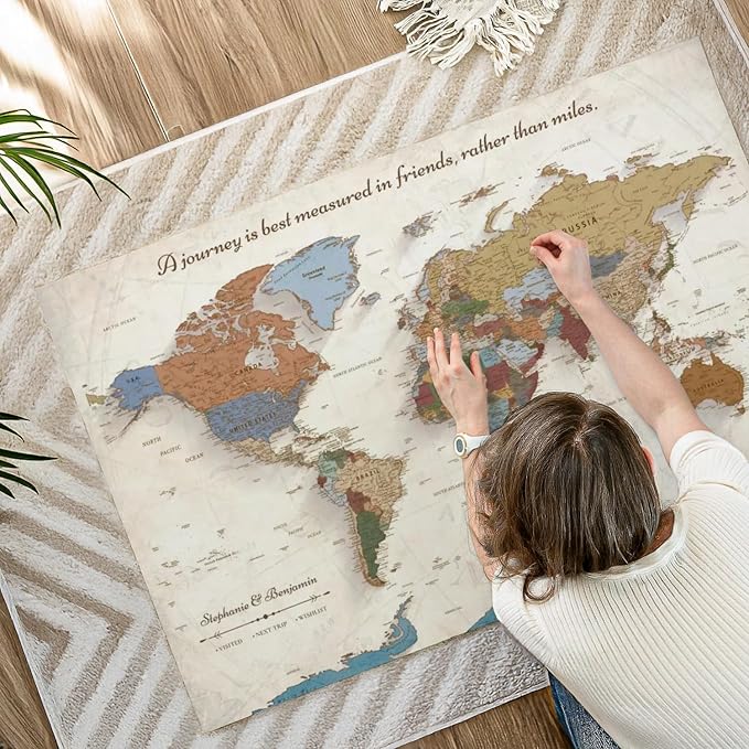 ElephantStock - Personalized Journey V Push Pin World Map Wall Art - Horizontal Canvas Wall Art - Living Room Wall Decor - Digital Art Map Canvas Art - Beige And Orange Decor - 48" x 32"