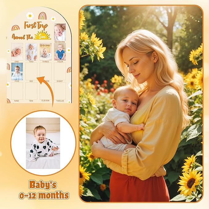 R HORSE My First Year Photo Frame Board, 3D Boho Sun Rainbow Display Wood Board, Baby’s 1st Year Picture Frame, 12 Months Milestone One Year Old Birthday Decoration, Baby Keepsake Gift for Boy Girl