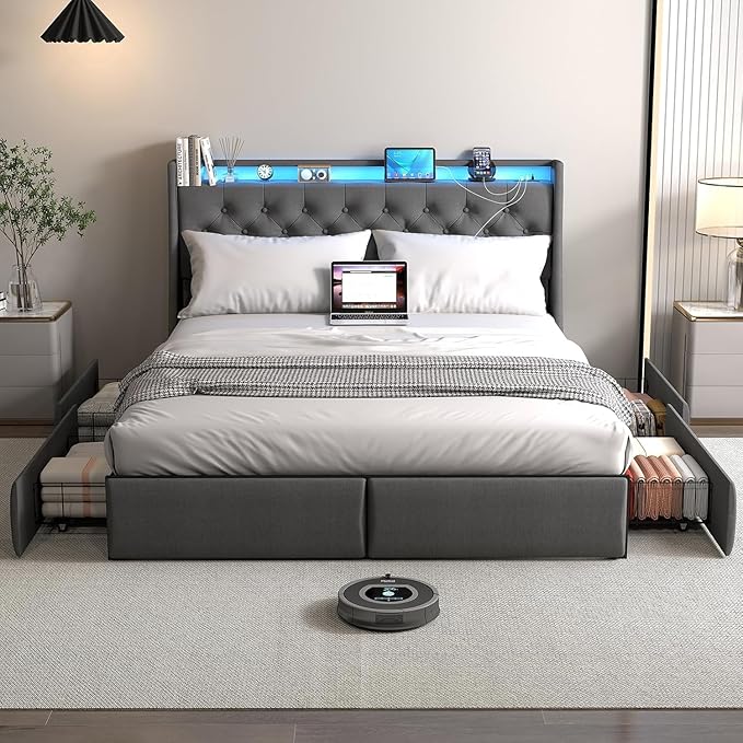 Queen Bed Frame with 4 Storage Drawers, Upholstered Headboard, LED Lights