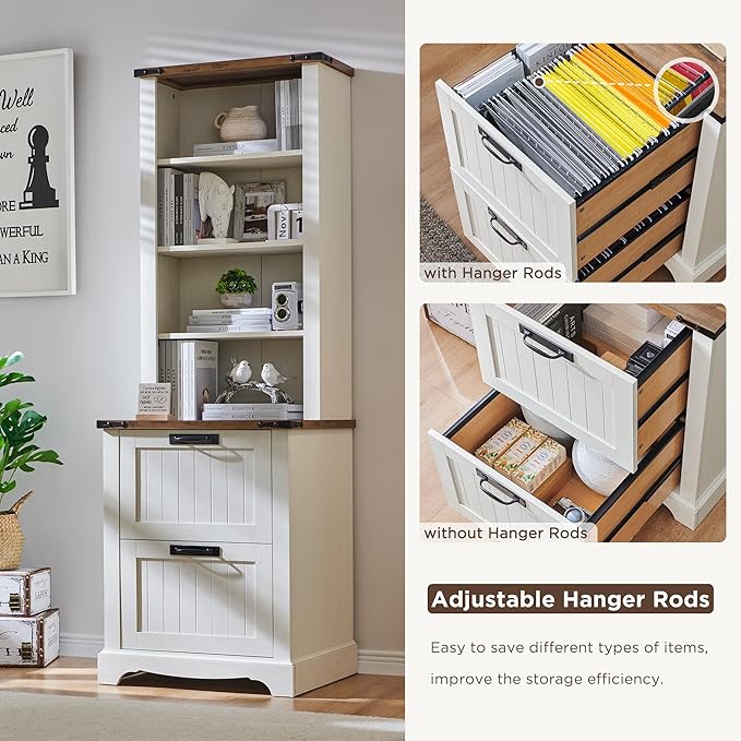 RedLemon Bookcase with 2 File Drawers, 72" Tall Farmhouse Bookshelf with Storage and Adjustable Shelves, 4 Tier Rustic Wood Bookshelf with Cabinet for Home Office, Living Room (Antique White)