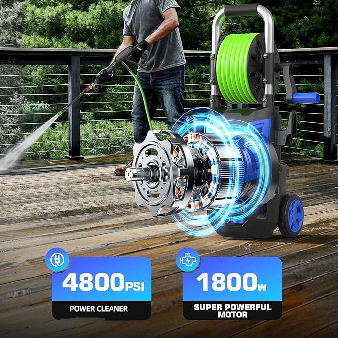 4800 PSI Pressure Cleaner- 4.0 GPM High Power Cleaner with 33FT Hose Reel, 4 Spray Tips and Soap Bottle for Car Washing, Fence Cleaning, Patio Maintenance（Upgraded）(Blue)