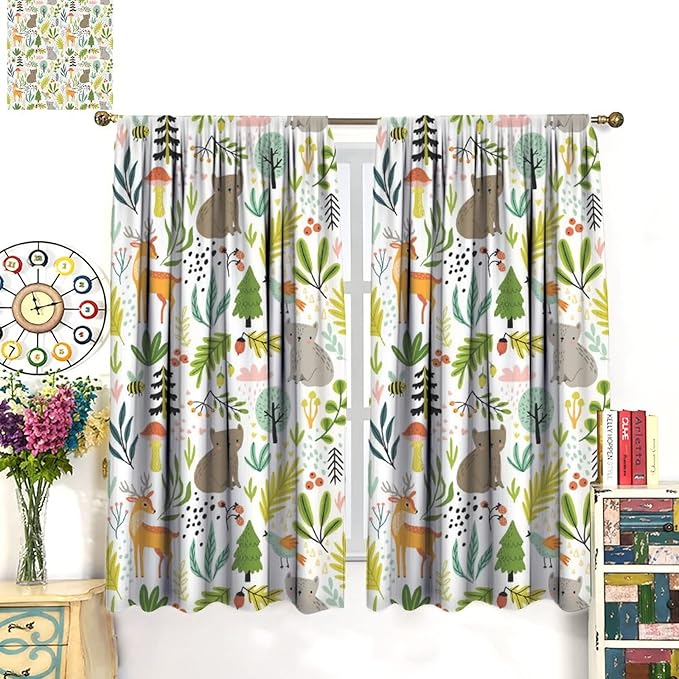 Cartoon Forest Kids Blackout Curtains,Cute Woodland Wild Animals Colorful Deer Plants Trees Print Pattern Thermal Insulation Window Drapes for Nursery Boys Girls Bedroom,White Background 72x63in