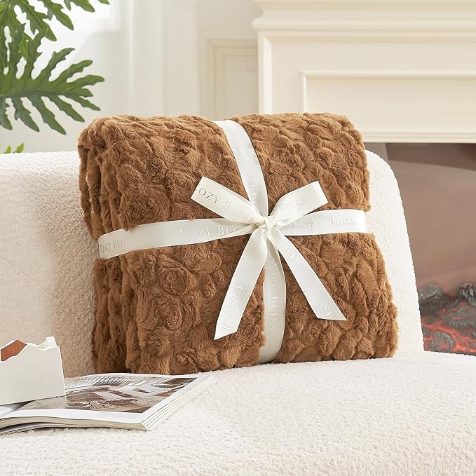 Cozy Bliss Faux Fur Throw Blanket for Couch, Fuzzy Soft Plush Thick Warm Fluffy Reversible Wave Textured Blanket for Sofa Bedroom Living Room, 55 * 70 Inches Brown