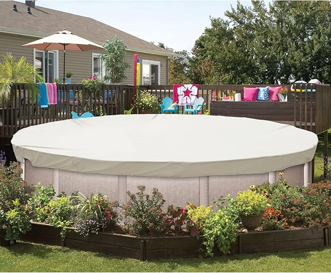 ECOOPTS 16 ft Waterproof Round Polyester Pool Cover for Above Ground Pools, Swimming Pool Cover Protector Winter Safety Cover (Beige)