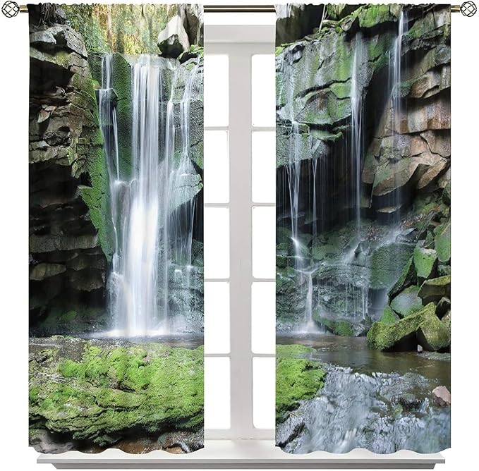Forest Waterfall Blackout Windows Curtains, Rocky Waterfall to Pond Running Off Scenic Nature Themed Picture Print Curtains, for Living Room Bedroom 72x63in 2 Panels