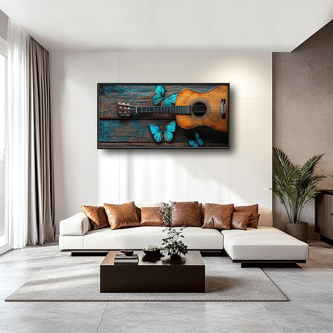 Olivine Music Wall Art, Guitar Pictures Wall Decor, Butterfly Painting, Vintage Musical Instruments Canvas Prints, Framed Artwork for Bathroom Bedroom Living Room Office Home Decoration 60"x30"