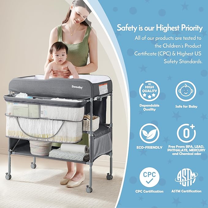 Sweeby Portable Baby Changing Table, Foldable Diaper Changing Station with Waterproof Pad, Mobile Nursery Organizer for Infant & Newborn Essentials, Dark Grey