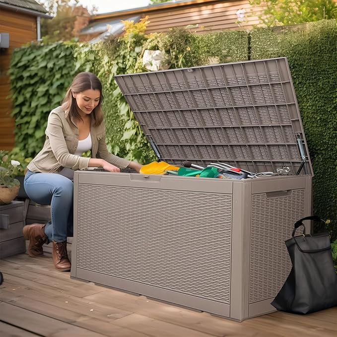New 100 GallonOutdoor Storage Box,Resin Deck Boxes Waterproof, IndoorOutdoor Bin for Package Delivery, Patio Cushions, Gardening Tools, Lockable, UV Resistant