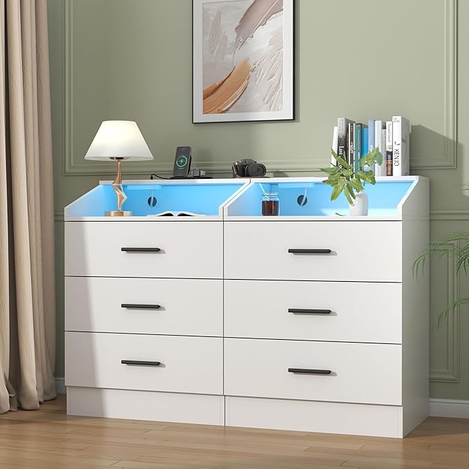 3 Drawers Dresser with Power Outlet, Chest of Drawers with LED Light, White Dresser Organizer with Open Storage Cubby, Modern Nightshatnd for Bedroom, Living Room, Entryway, Hallway