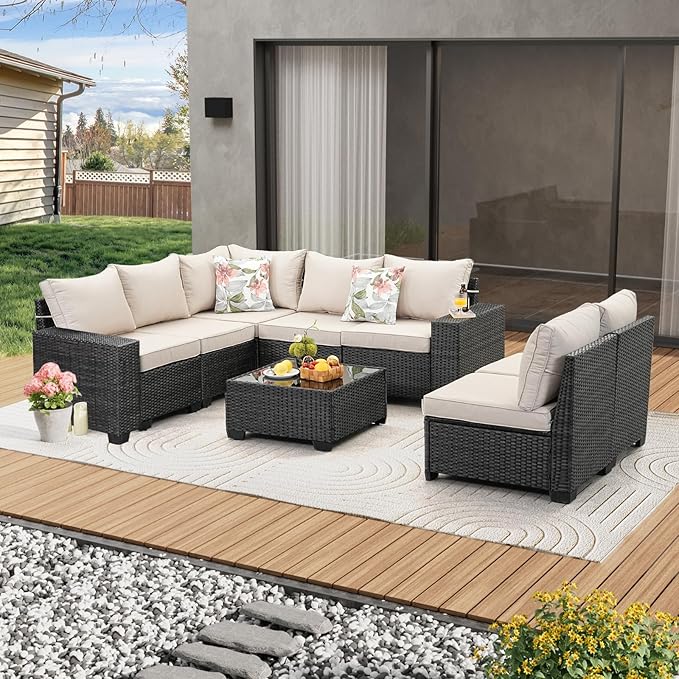 8 Pieces Patio Furniture Set All-Weather Outdoor Wicker Sectional Conversation Sofa Rattan Patio Seating Sofa with Cushion and Glass Table for Porch Poolside,Beige