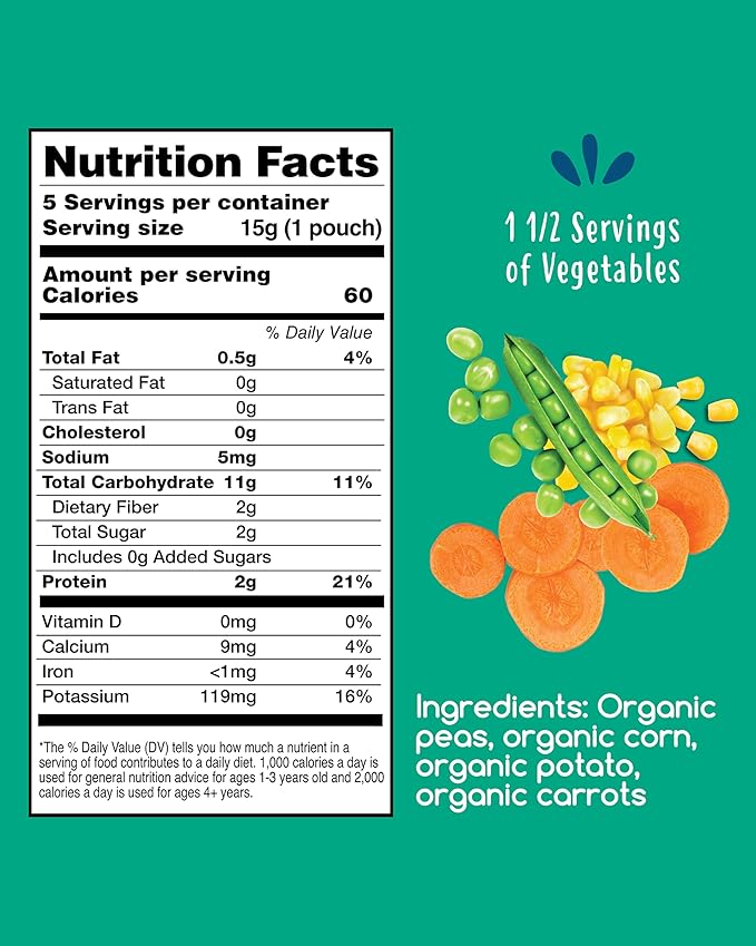 Amara Organic Baby Food - Stage 2 - Peas, Corn & Carrots - Baby Cereal to Mix With Breastmilk, Water or Baby Formula - Shelf Stable Baby Food With 100% Organic Veggies - 5 Pouches, 3.5oz Per Serving