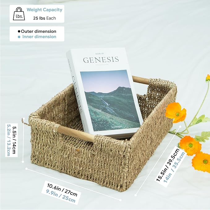 Large Natural Wicker Basket Rectangular with Wooden Handles, Seagrass Storage for Organizing, Shelves 15.5 x 10.6 x 5.5 inches