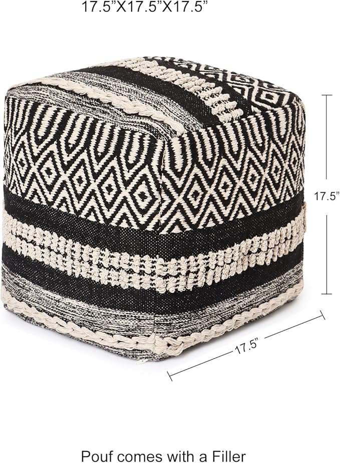 REDEARTH · Tufted Pouf Ottoman with Filler Textured Storage Cube Bean Bag Pouffe Footrest for Living Room, Bedroom, Nursery, Kidsroom; 100% Cotton (17.5"X17.5"X17.5", Char Delineate Black)