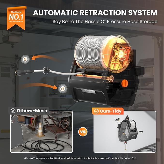 Giraffe Tools Grandfalls Retractable Wall Mount Pressure Washer Plus, Max 2900PSI 2.2 GPM, Electric Power Washer with 100ft Pressure Hose for Car/Patios, Automatic Rewind, Dark Silver