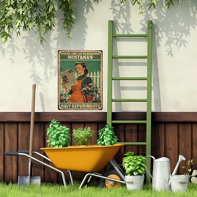 Gardening Girl Metal Tin Sign Rustic Wall Decor Vintage Art There Are No Gardening Mistakes Only Experiments Quote 12x16inch