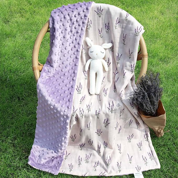 LifeTree Baby Blankets for Boys Girls, Soft Double Layer Swaddle Blankets, Muslin Front and Dotted Fleece Backing Receiving Bed Throw Blanket for Newborn Unisex, 31X40 Inches, Lavender