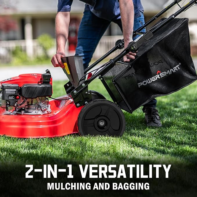 PowerSmart 21-Inch 144cc Gas Push Lawn Mower & 16-Inch 25.4cc String Trimmer/Edger with 10-Inch Brush Cutter for Grass Cutting