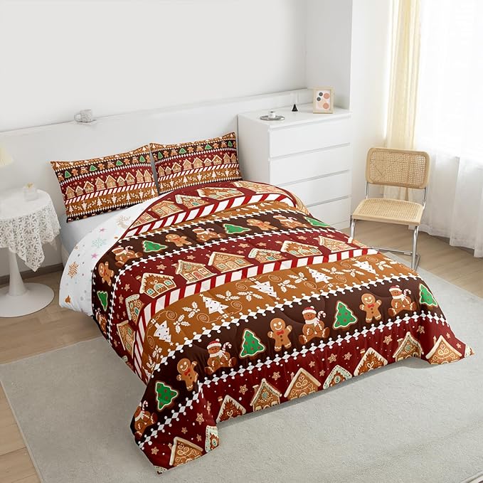 Feelyou Merry Christmas Comforter Set Full Size Greenland Home Bedding Set for Kids Boys Girls Xmas Tree Duvet Quilt Striped Bedroom Decor Microfiber 3 Pcs with 2 Pillow Cases