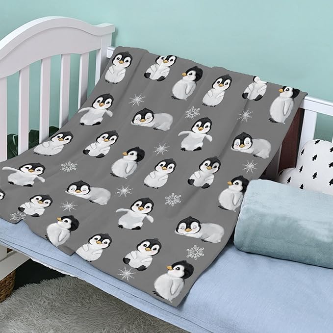 Thuswarm Cute Penguin Grey Flannel Throw Blanket Gifts Warm Cozy Soft Funny Print Blankets for Summer Room Decoration Bed Couch Sofa 120”×90” Extra Large for Family