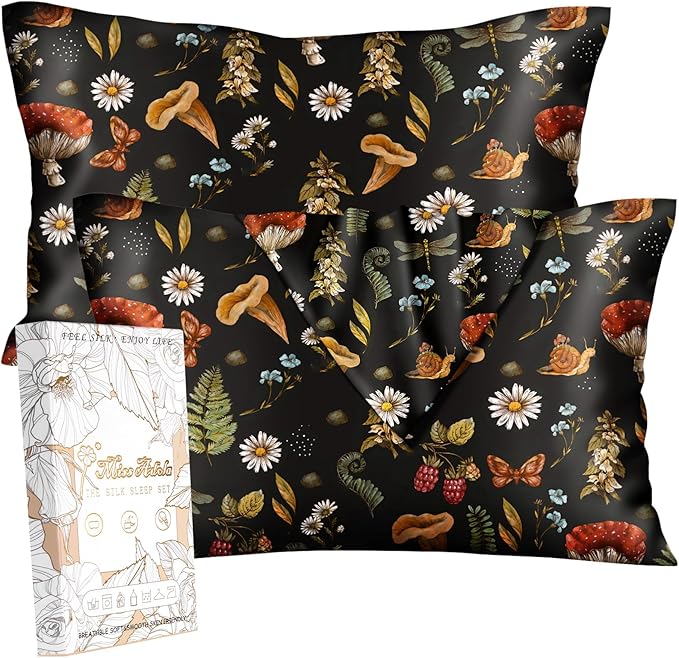Silk Pillowcase 2 Pack - Pillow Cases 20" x 36" King Size Set of 2 for Hair and Skin Smooth Soft Breathable with Hidden Zipper Cooling Pillow Covers for Sleeping, Mushroom Plants