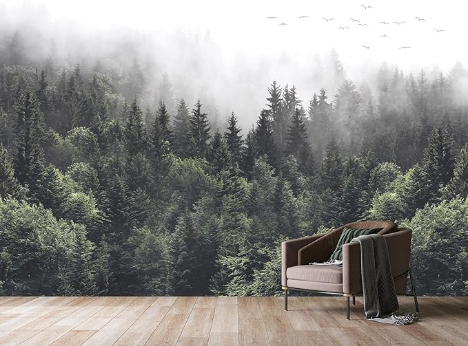 WFBHUA-Foggy Forest Woodland Wallpaper Green Nature Landscapes Wall Murals for Bedroom Living Room(Not Peel and Stick)