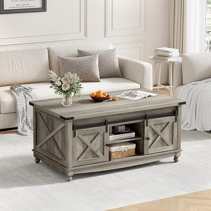48" Farmhouse Lift Top Coffee Table with Storage Sliding Barn Door & Large Hidden Compartment, Coffee Table with Lifting Top with Wooden Lift Tabletop, Coffee Tables for Living Room, Grey
