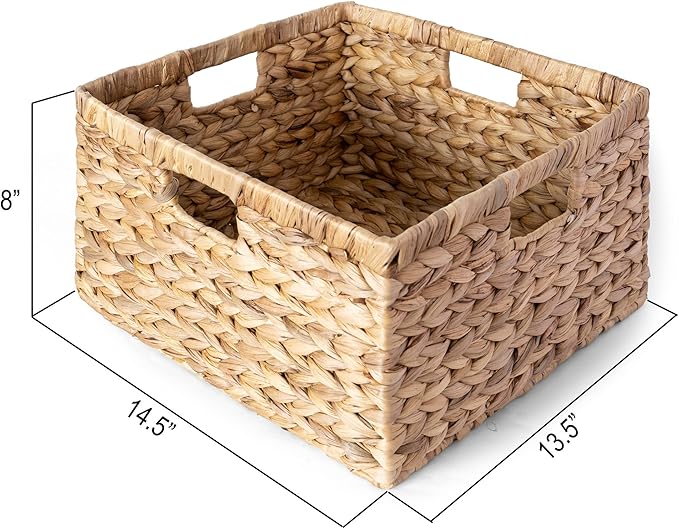 Large 14.5” x 13.5” x 8” (Set of 3) Natural Water Hyacinth Woven Storage Baskets, Rectangular Wicker Basket with Built-in Handles, Large (Natural)