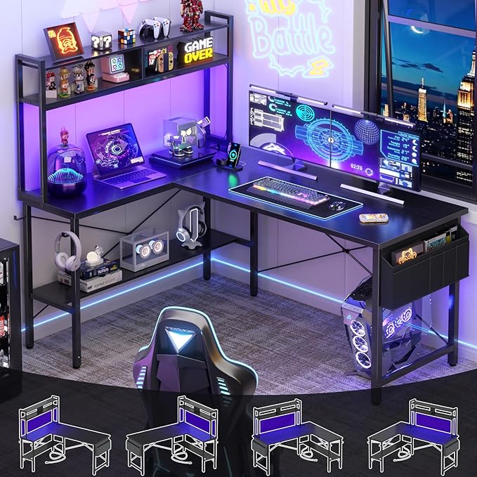 Aheaplus L Shaped Desk Gaming Desk, 59" L Shaped Computer Desk with LED Light & Power Outlet, Reversible Home Office Desk Gamer Desks with Shelves & Storage Bag & Hooks, Corner PC Desk, Black