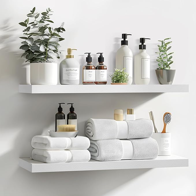 LaVie Home Floating Shelves, 24 Inch Wall Shelf Set of 2, Hanging Shelf with Invisible Brackets, Wall Decor for Bathroom, Bedroom, Living Room, Kitchen Storage, Modern White